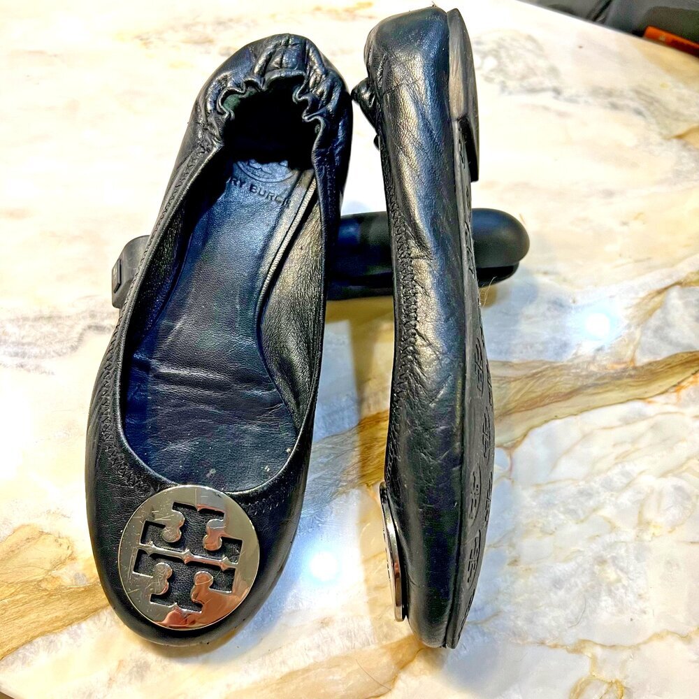 Tory Burch Reva Leather Black Silver Logo Ballet Flats Shoe Women's 6.5 - Picture 14 of 16